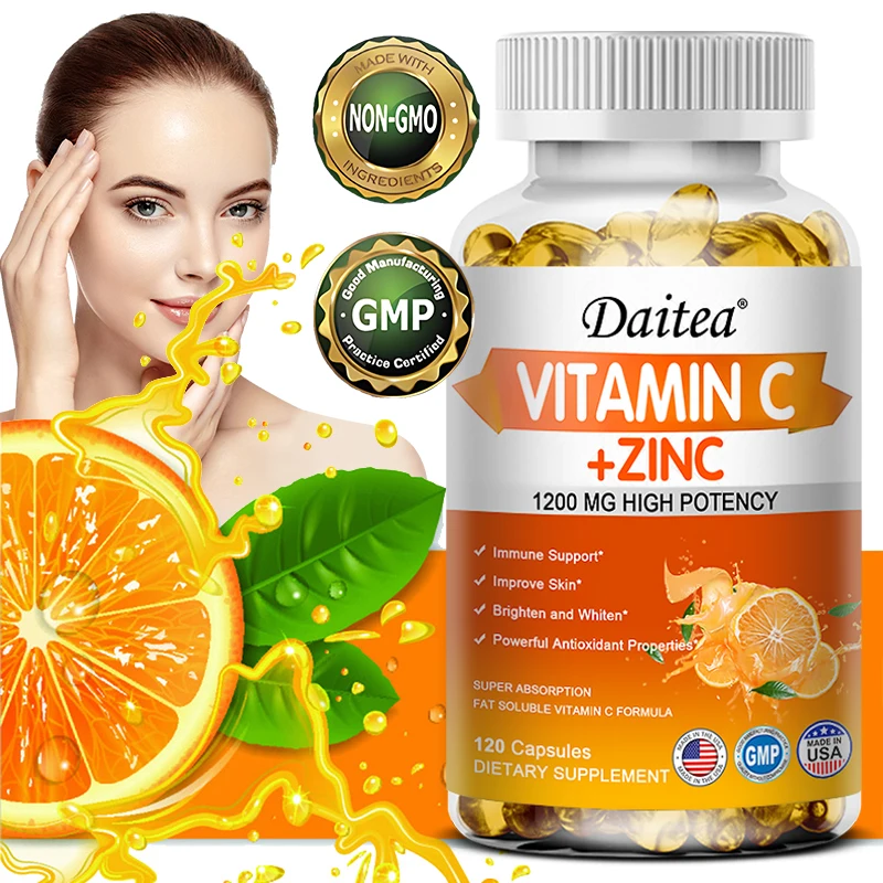 Premium Vitamin C + Zinc Capsules - Antioxidant, Promotes Cellular Energy Production and Collagen, Promotes Skin Health