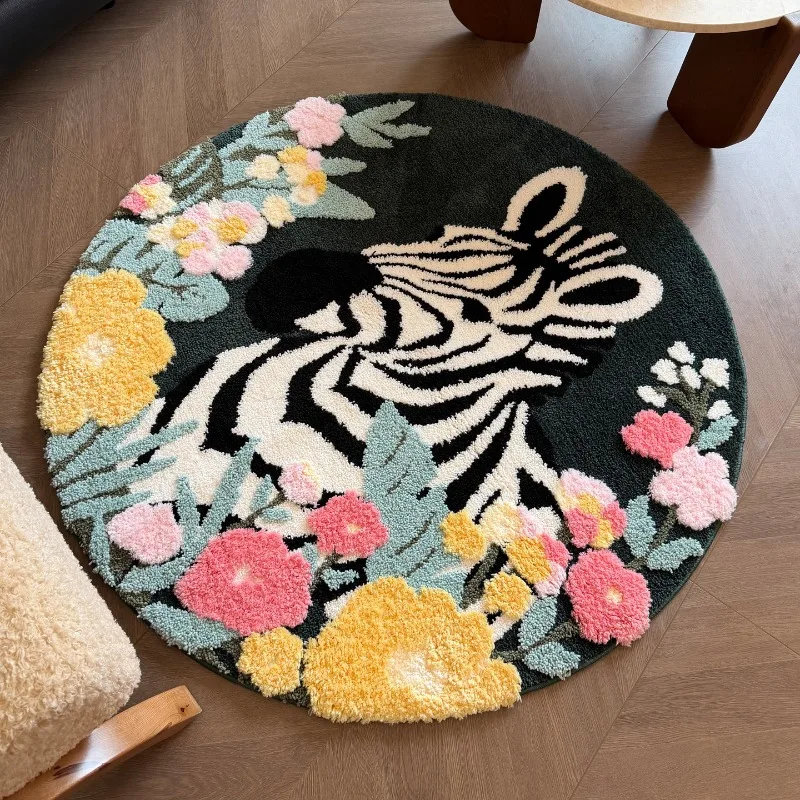 Nordic style zebra round floor mat living room carpet, bedroom bedside mat ins wind thickened non-slip and wear-resistant foot