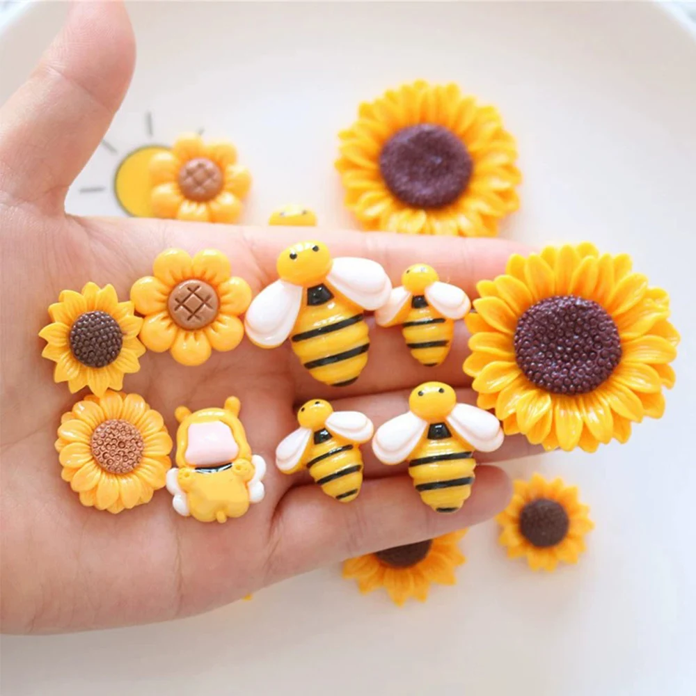 10PCS Shiny Sunflower Bee Series Miniature Flat Back Resin Cabochons For Hairpin Scrapbooking DIY Home Decor Craft Accessories
