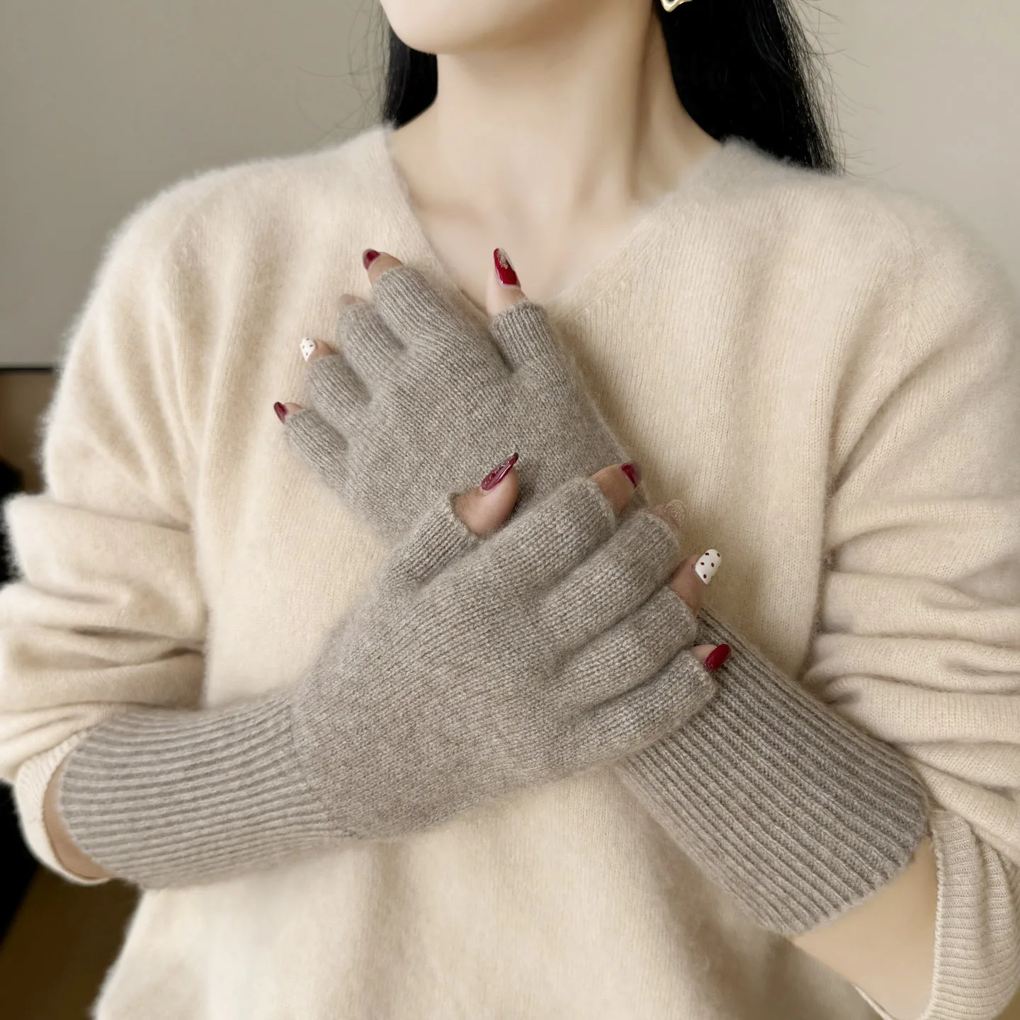 100%Cashmere Thickened Extended Fingerless Gloves Unisex Winter Warm Simple Knitted Five-finger Mittens Daily Typing Office Work