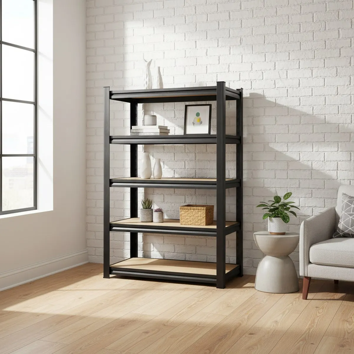 Tall Wood Metal Garage Storage Shelf 5 Tier Adjustable Heavy Duty Utility Rack