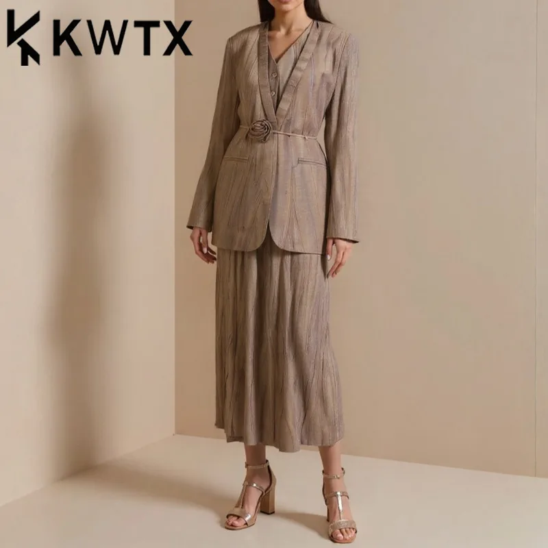 

KWTX 2025 Spring Summer Women’s Linen 3pcs Set Vest Blazer Skirt Rose Tie Waist Y2K Elegant Luxury Designer Suit
