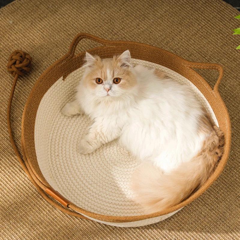 MADDEN Japanese Pet Cat Bed Round Hand Woven Rattan Cat Beds Summer Cooling Kitten Basket Cotton Rope Cat Scratching Baskets