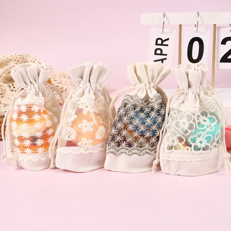 14*10cm Canvas Drawstring Bags Transparent Lace Window Storage Bags New Year Wedding Candy Bag Christmas Gift Storage Bags