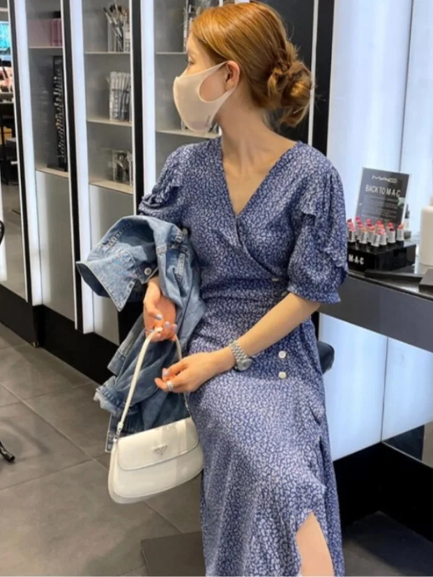 Ele Vintage Floral Dr Chic V-Ne Schlankheitsender einteiliger langer Rock ort Sve Damen Faion Summer Chinese Sle