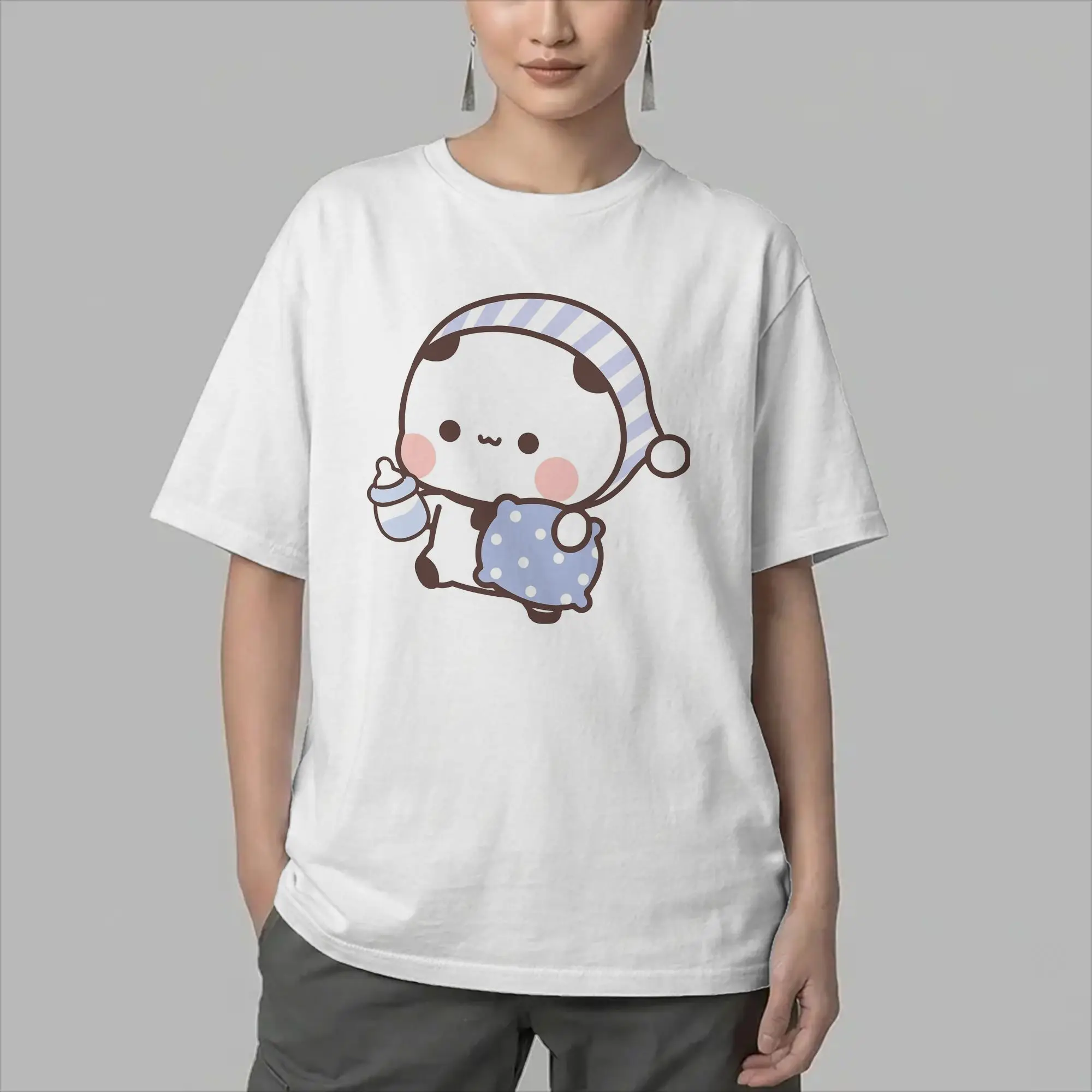 Men Bubu Panda Going to Sleep with Dudu Bear T Shirts  Cotton Clothing Novelty Short Sleeve O Neck Tees Plus Size T-Shirt