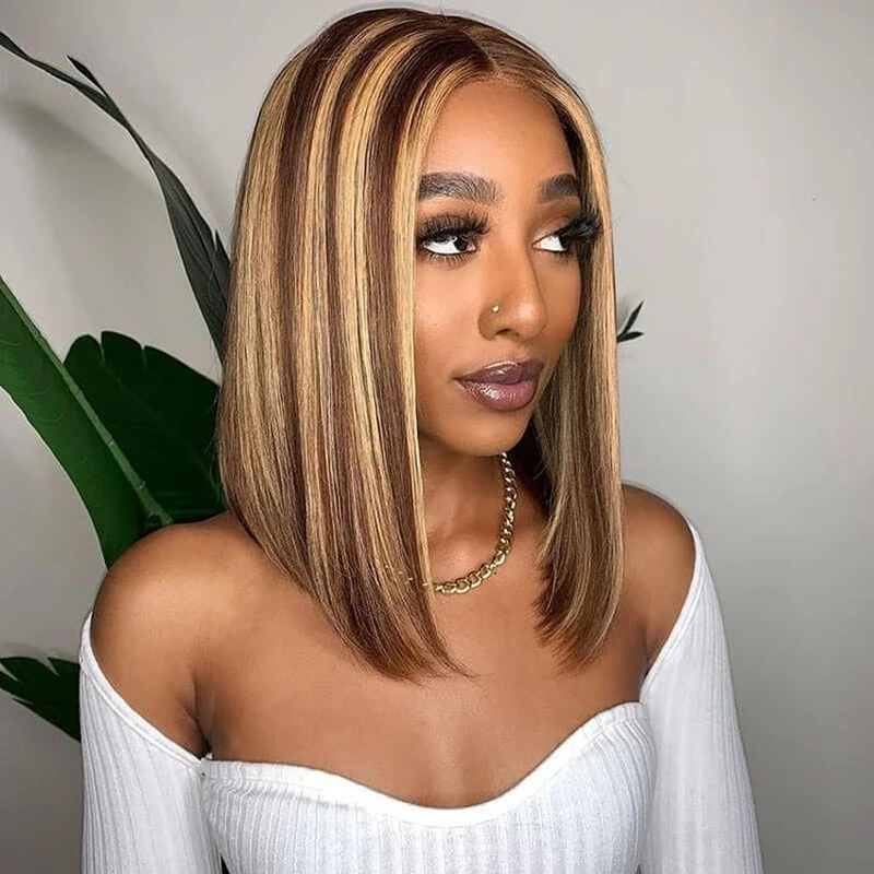 

Короткие парики-боб из натуральных волос 13x4 Ombre Honey Blonde с прямым прозрачным кружевным фронтом и цветными прядями 4/27 для женщин