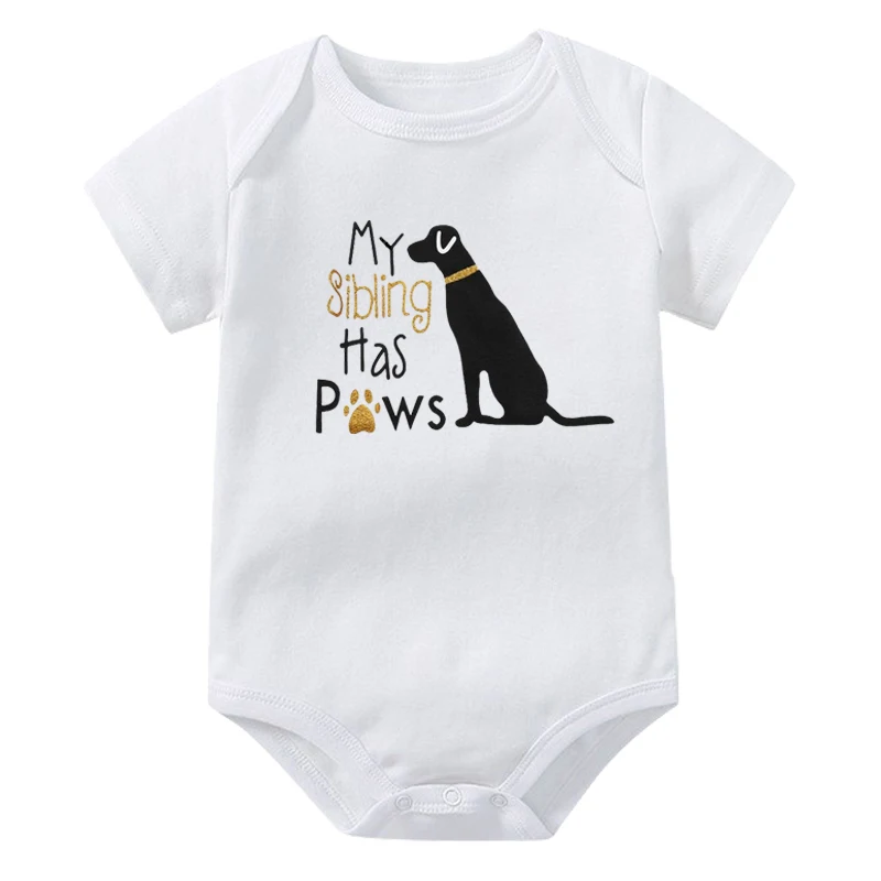 Summer New Casual Newborn Baby Boy Girl Short Sleeve Letter Print My Sibling Has Paws Cute Dog Romper Baby Clothes Bodysuits