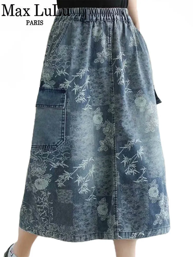 Max LuLu British 2022 Summer New Fashion Women Denim Printed Skirts Ladies Elastic Loose Skirt Female Casual Vintage Clothing