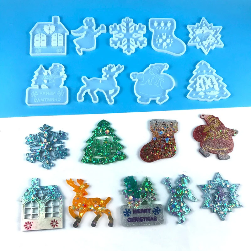 Christmas Mold DIY Resin Crystal Epoxy Mold Snowflake Elk Keychain Pendant Christmas Tree Decoration Listing Resin Silicone Mold