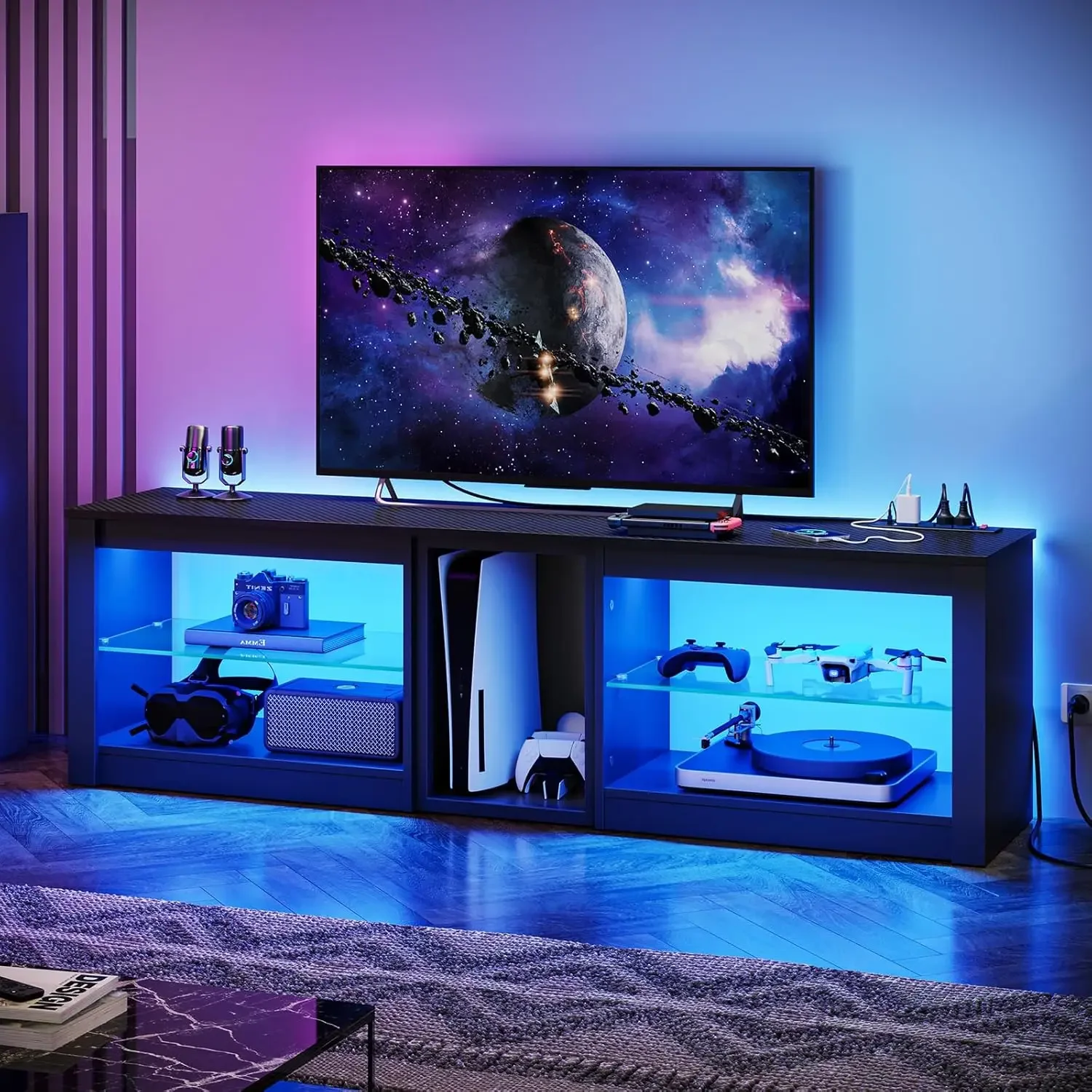 Stylish TV Stand for 70 inch TV with Power Outlets | LED Entertainment Center for PS5 and Gaming Consoles | Elegant Glass Shelve