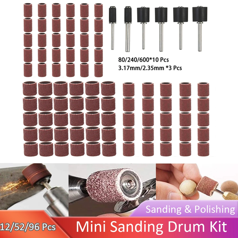 11/52/96pcs Sanding Drum Kit Grit #80 #120 #180 Sanding Band for Dremel Sleeves For Electric Mini Angle Grinder Sanding Mandrels