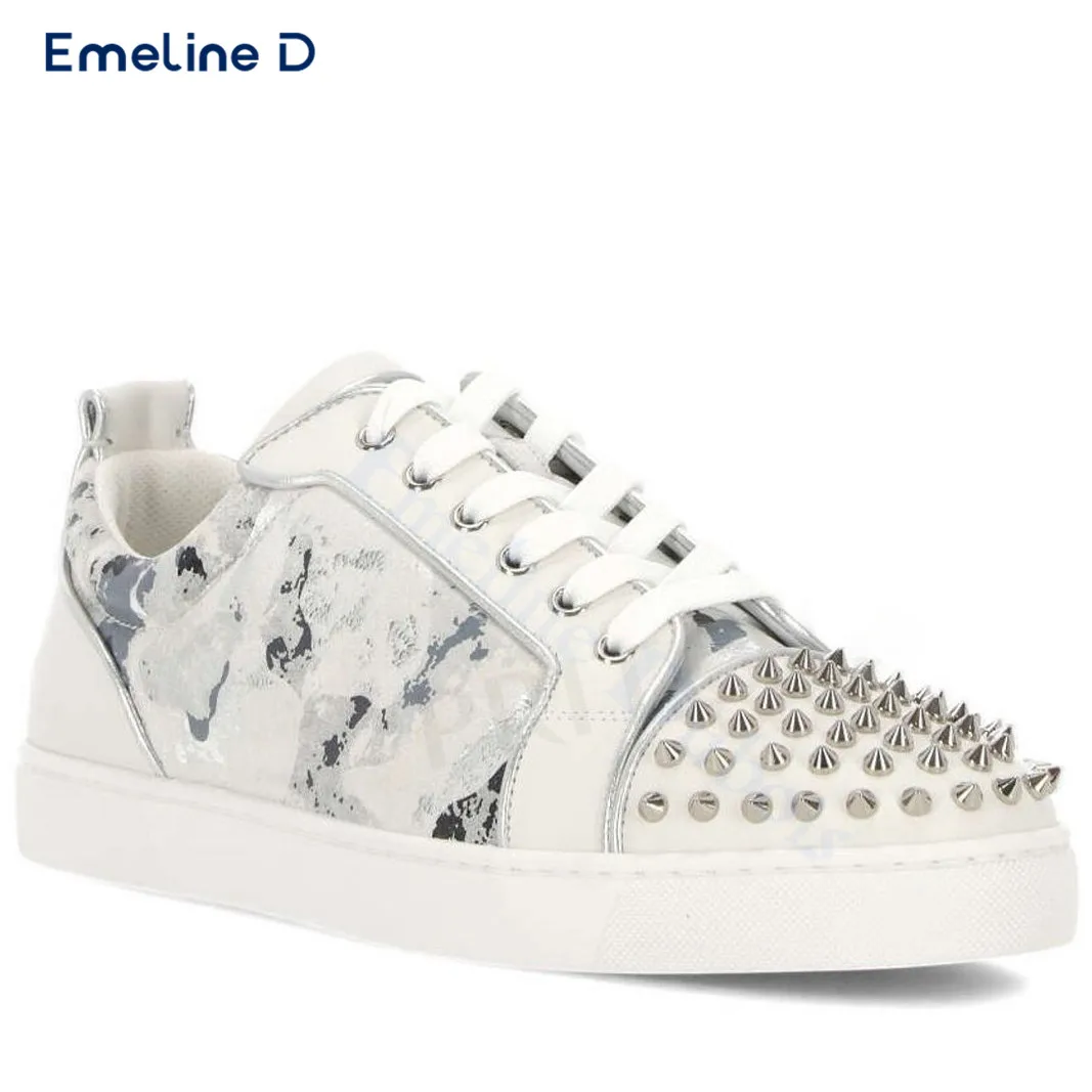 Irregular Print White Lace-Up Shoes Studded Round Toe Slip-On Sneakers Fashion Designer Personalized Comfortable Men's Shoes