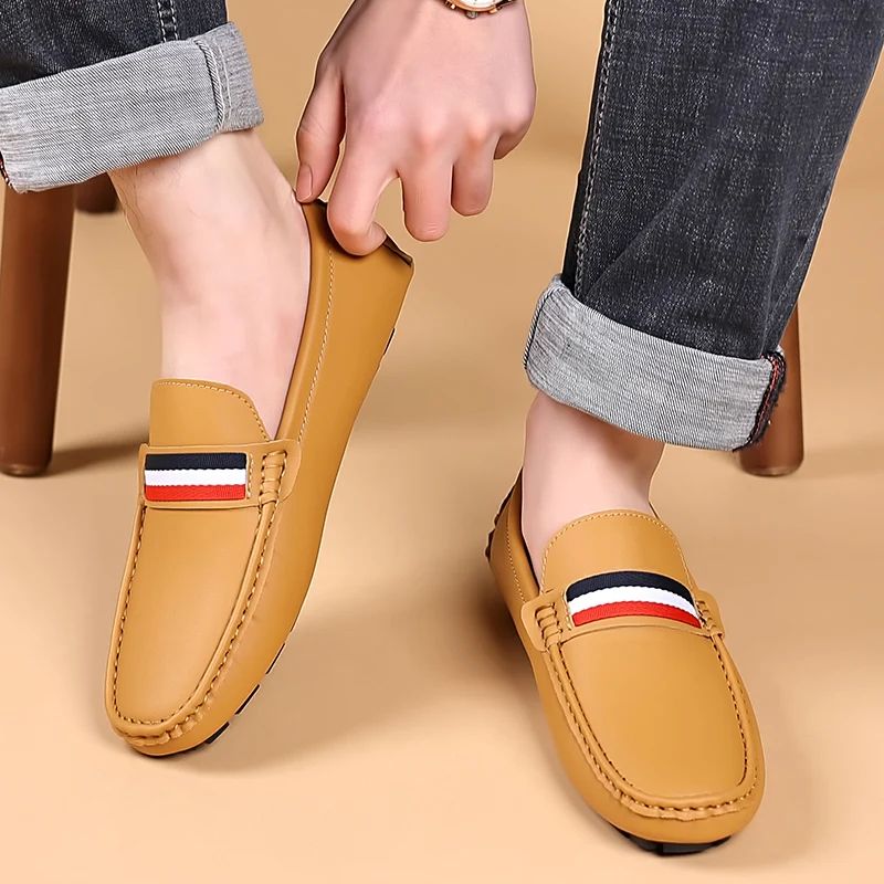 HKDQ Original Brand Leather Loafers Men Fashion Casual Black Men\'s Moccasins Summer Comfort Lightweight Slip-on Flat Shoes Man