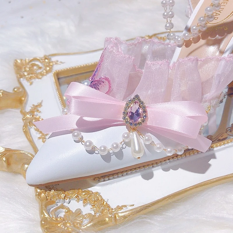 Lolita Sweet Pink Lace Bowknot Rhinestone High Heels Women Shoes Pointed Pearl Tassel Bridal Wedding Shoes Flower Wedding Shoes