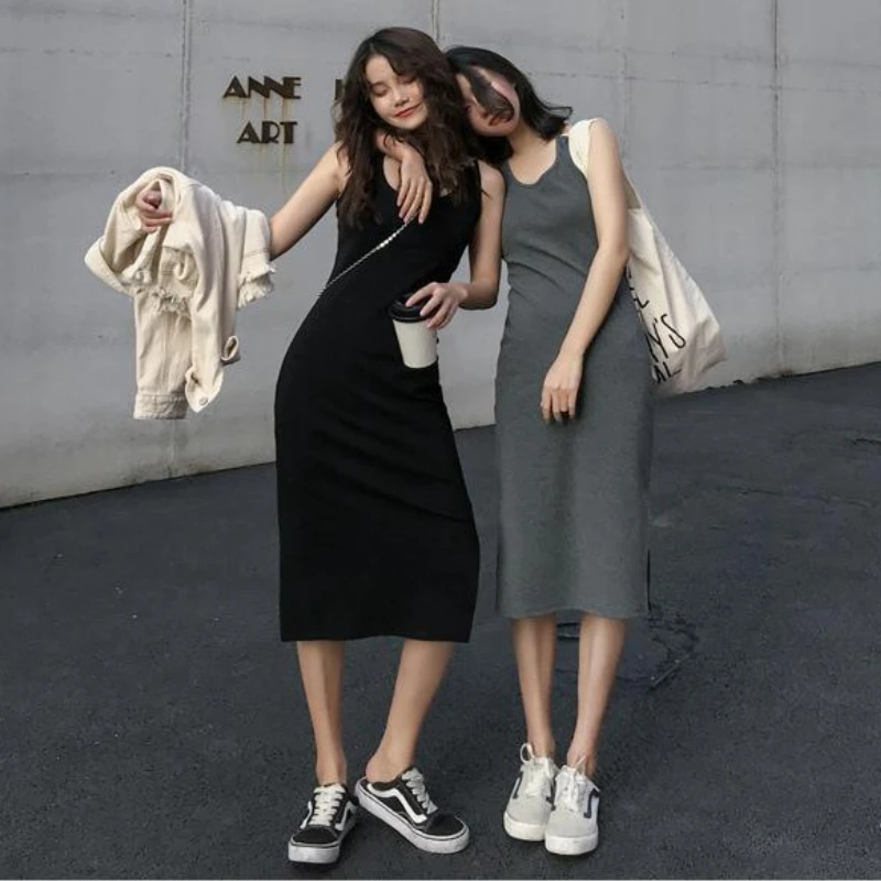 Backless Slit Dresses Women Spaghetti Strap Chic Slim Hotsweet Girlish Solid Summer Streetwear Korean Style New Arrivals Fashion