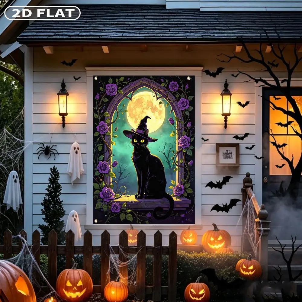 2D FLAT 1pc Party Banner, Halloween Window Cover with Black Cat Witch Hat Moon Purple Roses Window, 122x88cm, Polyester