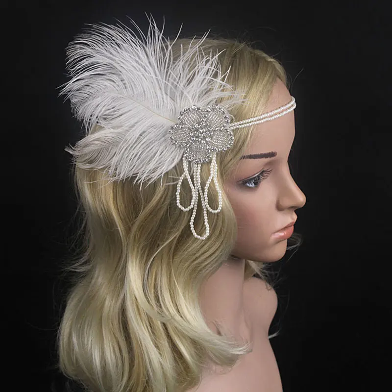 Vintage Woman Elastic Feather Headband Girls Black Rhinestone Sequin Party Headpiece Beaded Flapper Hair Feather Headband