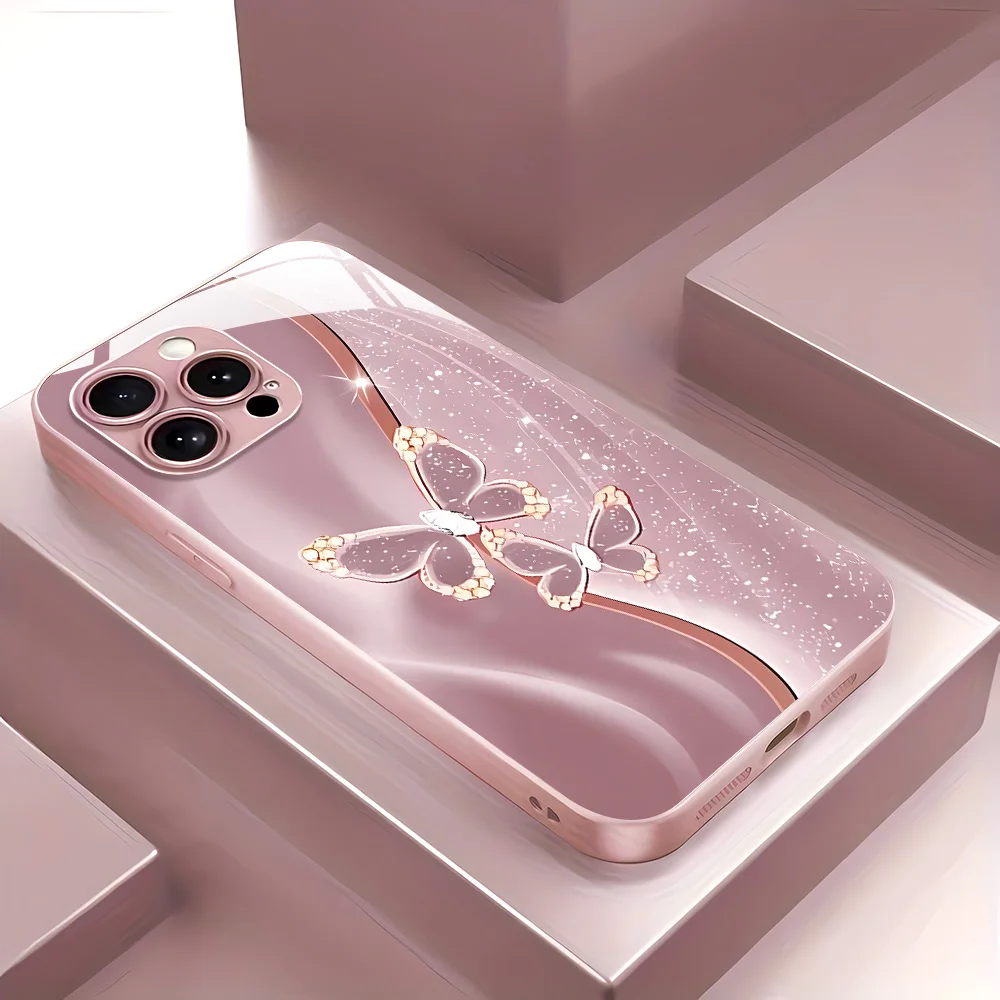 Pink Butterfly Tempered Glass Case For Samsung S26 Ultra S24 S25 A56 5G A55 A53 A54 S23 S22 Plus A33 A34 A35 A36 A13 A17 A16 A26