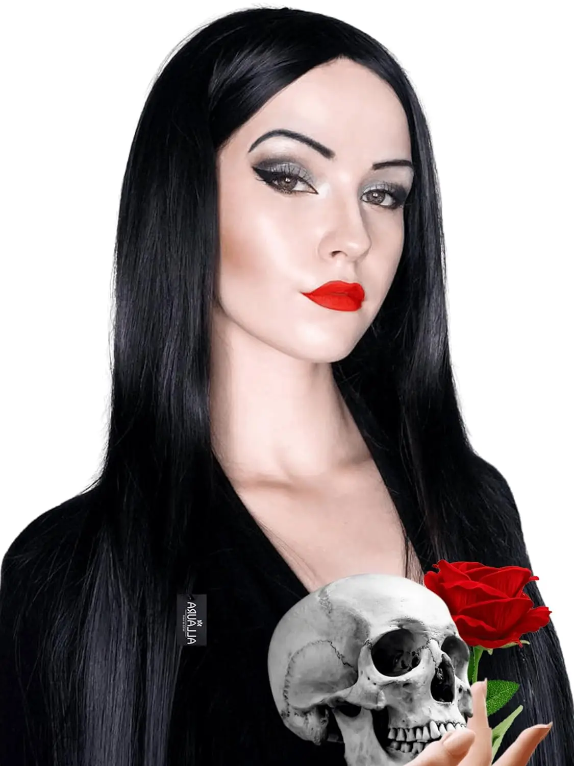 Synthetische Perücken Lange Schwarze Perücke für Morticia Addams Kostüm, Cher Kostüm Halloween Perücke für 70er Jahre Party Hexenkostüm Perücke für Frauen – Detail 10