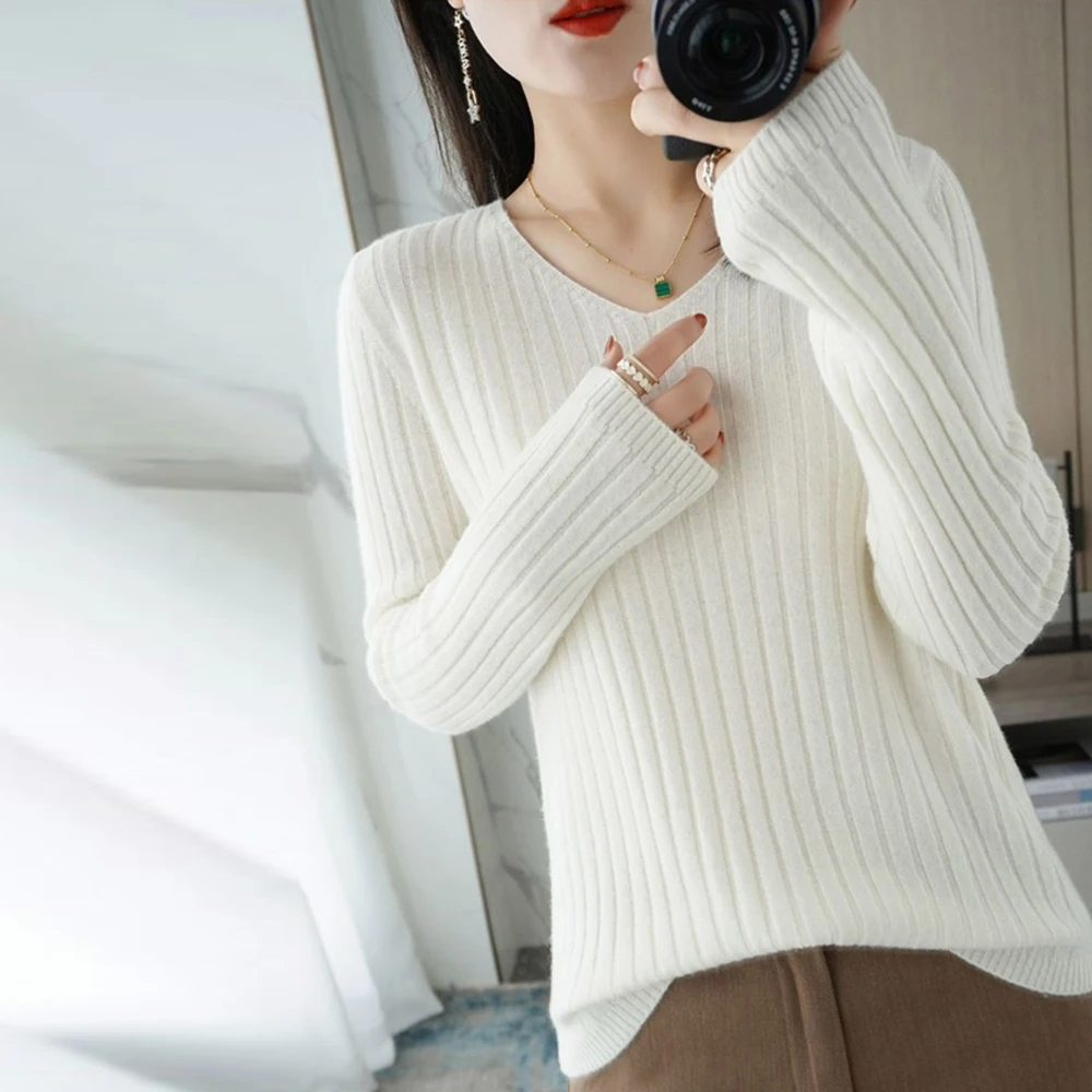 Screw Thread Stretch T Shirt Women Temperament Pullover Sweater Girl V neck Long Sleeve Sweaters Stretch T Shirt Top X-G-Xinde