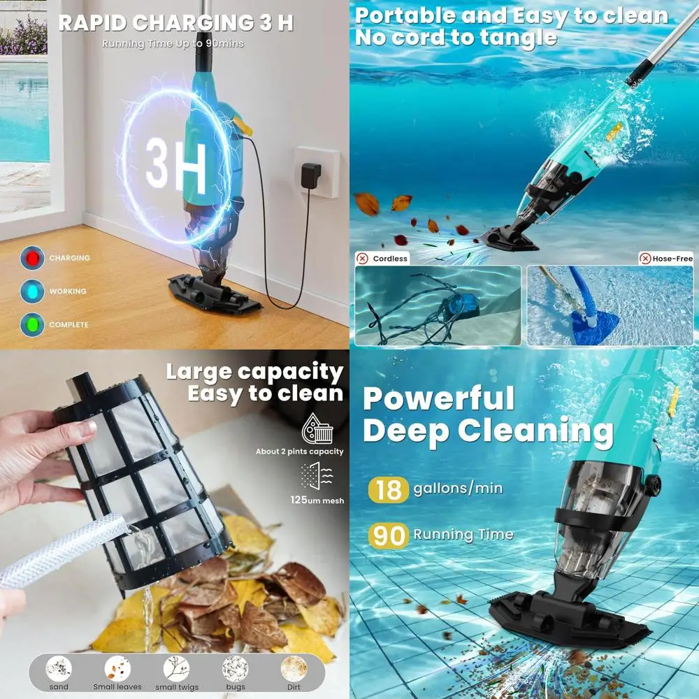 

Long-Lasting Cordless Pool Vacuum for Above and In-Ground Pools - 90 Min Runtime, Hot Tub Compatible, 3H Fast Charge (Green)