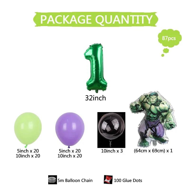 87Pcs Disney Incredible Hulk Theme Balloon Kit Green Number 1-9th Foil Ball Boy Birthday Baby Shower Party Decoration Supplies