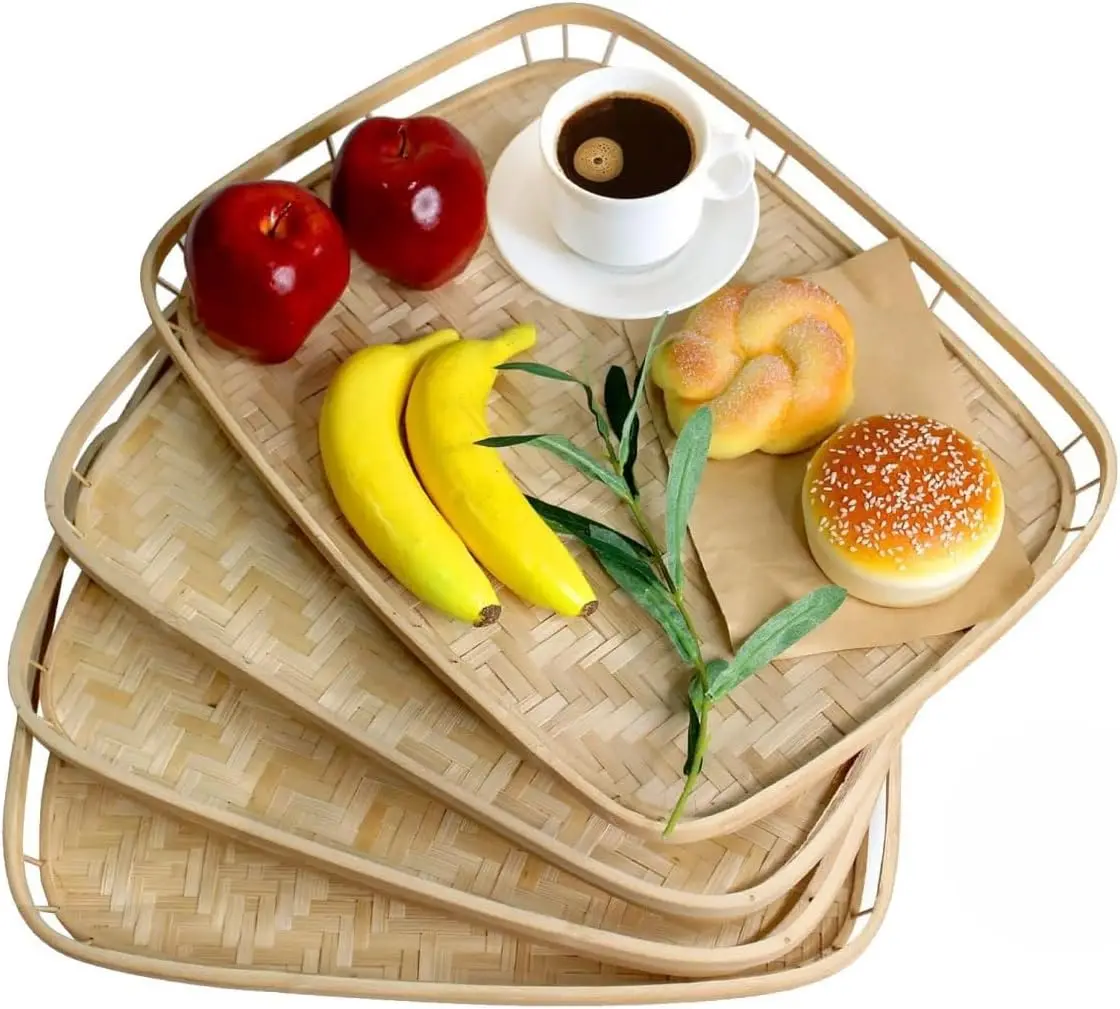 

Set of 4 Bamboo Wicker Serving Trays with Handles, Rectangular Lap Trays for Food & Drinks