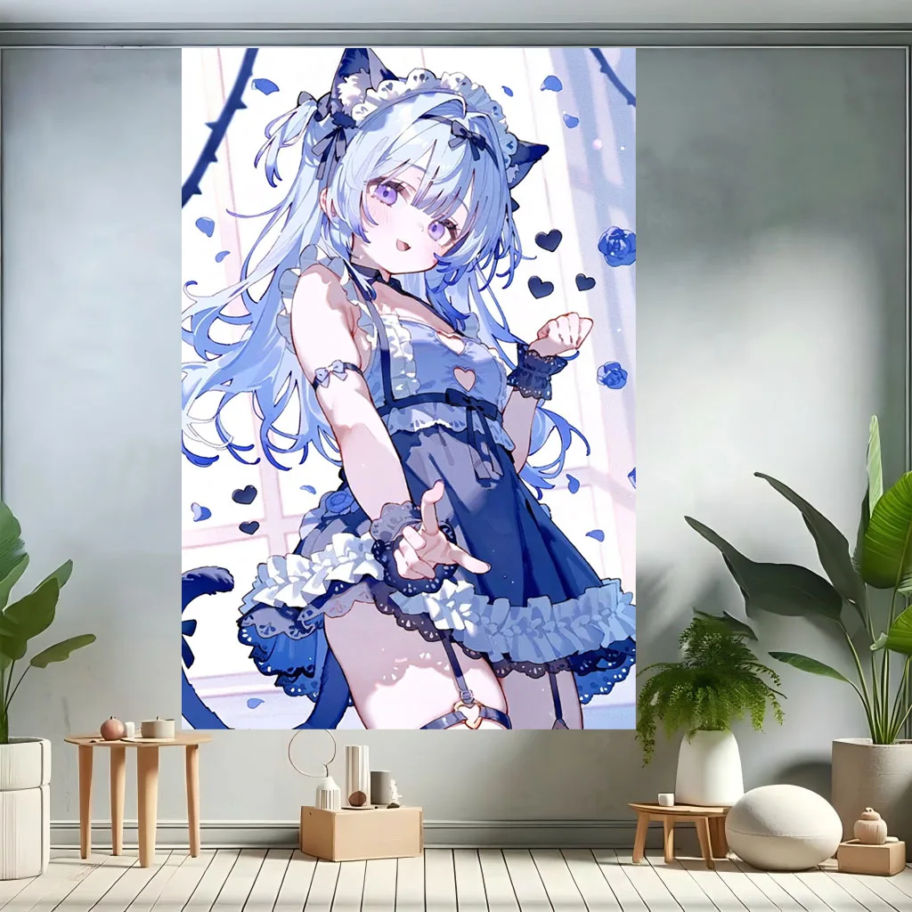 Cute Blue Hair Neko Cat Girl Anime Tapestry, Kawaii Cartoon Wall Blanket, Teen Girls Dorm Bedroom Background Decor Gift