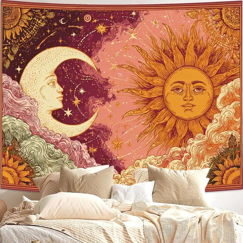 VIKAMA Wall Tapestry Retro Bohemian Sun Moon Star Tapestry Hand drawn Sun Moon Cloud Printing Print Tapestry Hanging Cloth