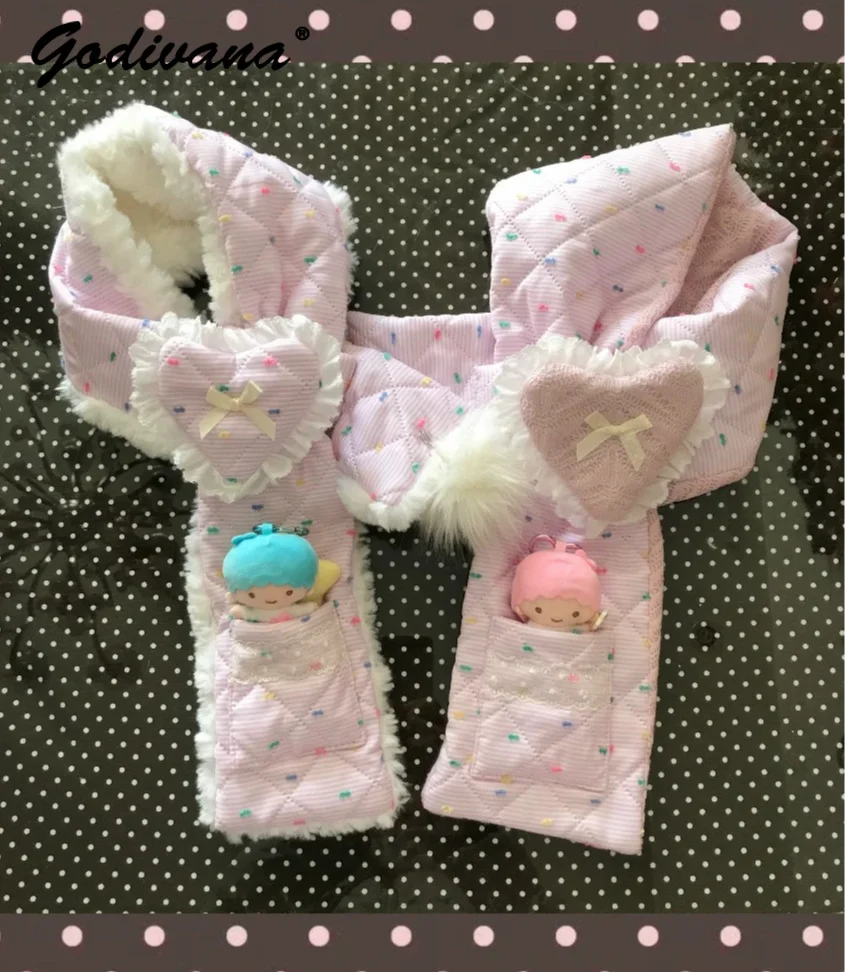 Pink Purple Colorful Dots Padded Color Block Scarf Women Cute Heart Pocket Design Warm Winter Neck Scarf Accessory