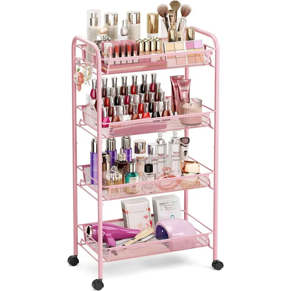 

4 Tier Rolling Utility Cart - Durable Metal Design Pink Utility Cart, Storage Trolley on Wheels with 3 Hooks, Perect or Kitchen