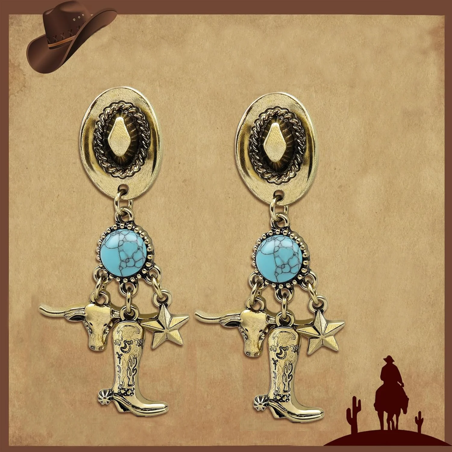Cowgirl Rodeo Boots Dangle Earrings Western Cowboy Hats Green Stone Earrings for Women Texas Cow Head Star Ear Jewelry Gift