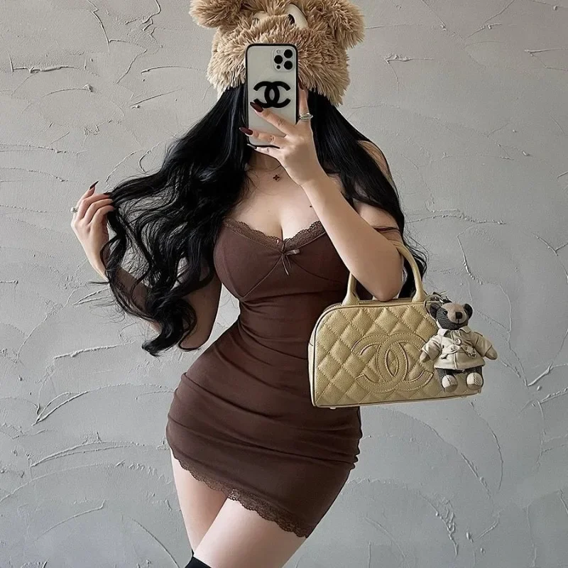 

Y2K Retro Lace Patchwork Spaghetti Strap Black Bodycon Dress Mini Fashion Bodycon Club Party Sexy Mini Dresses For Women Платье