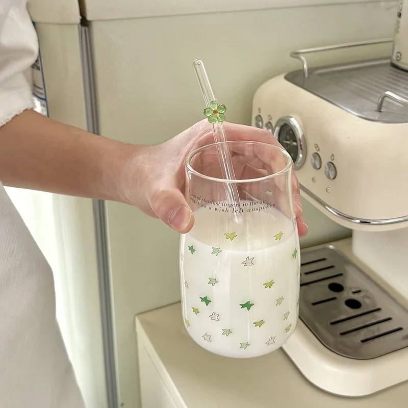 Vaso de Vidrio Resistente al Calor con Forma de Estrella, con Pajita, para Leche, Agua, Jugo, Café Helado, Transparente, para el Hogar, la Cocina, el Desayuno, Taza de Café
