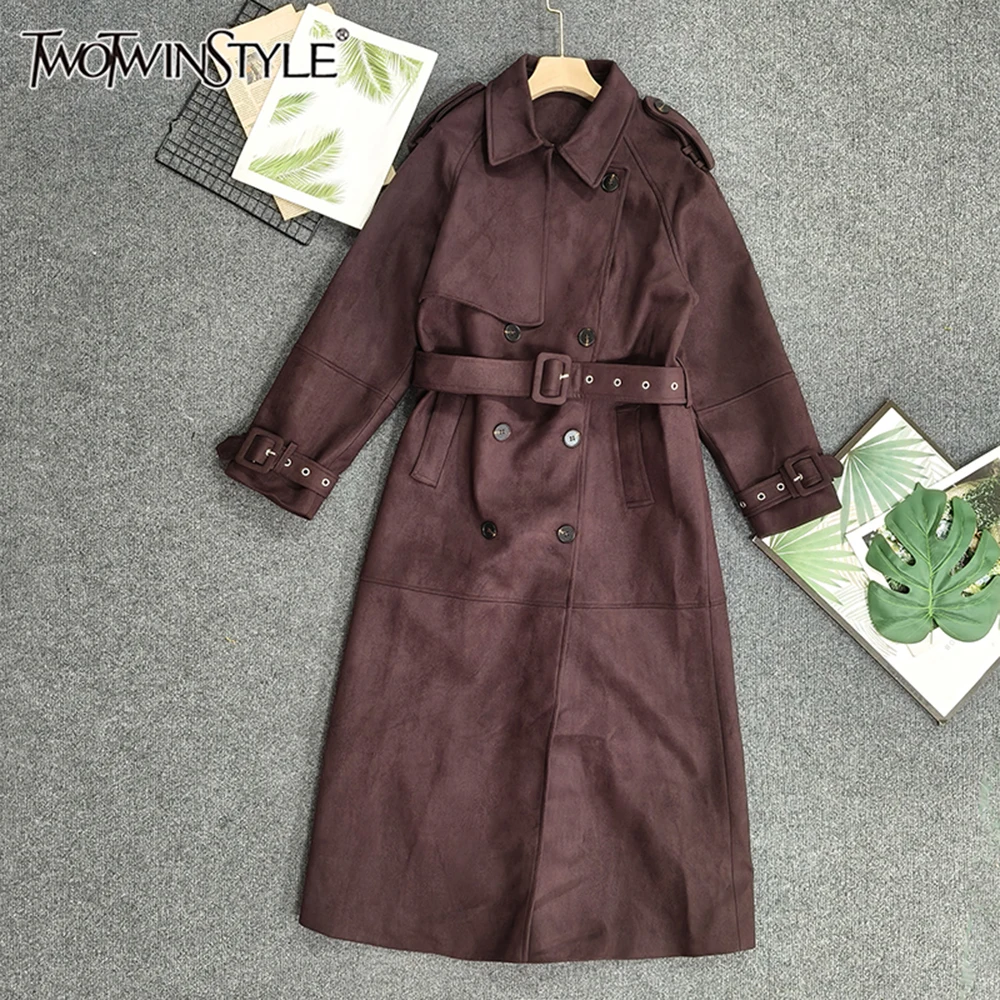TWOTWINSTYLE Temperament Suede Trench Coat For Women Lapel Long Sleeve Spliced Pocket Autumn Warm Jacket Female New KJA533446