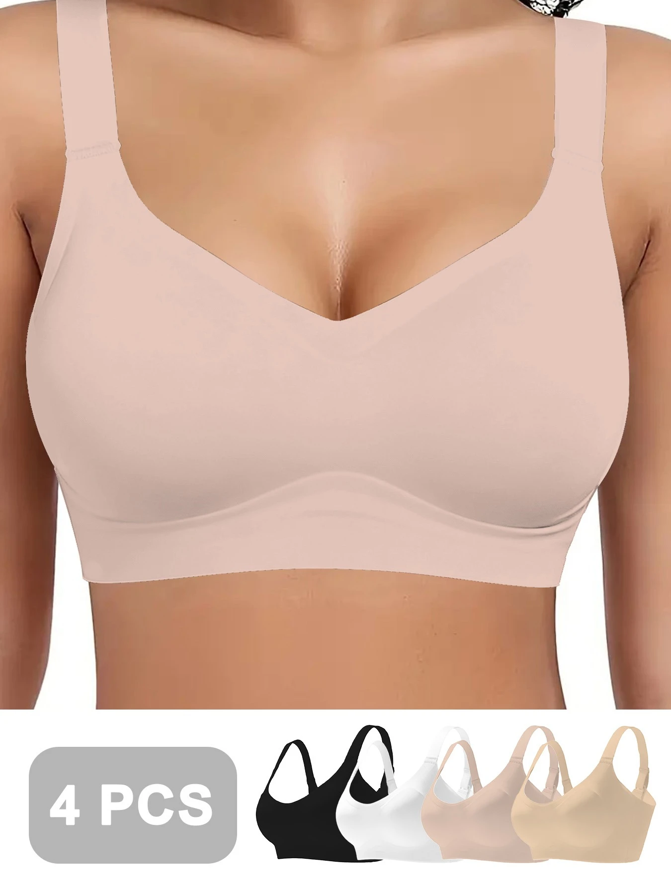 

4 шт. цветных женских бесшовных спортивных бюстгальтеров без косточек – мягкий эластичный дизайн с эффектом пуш-ап и съемными вкладышами, базовые повседневные бюстгальтеры