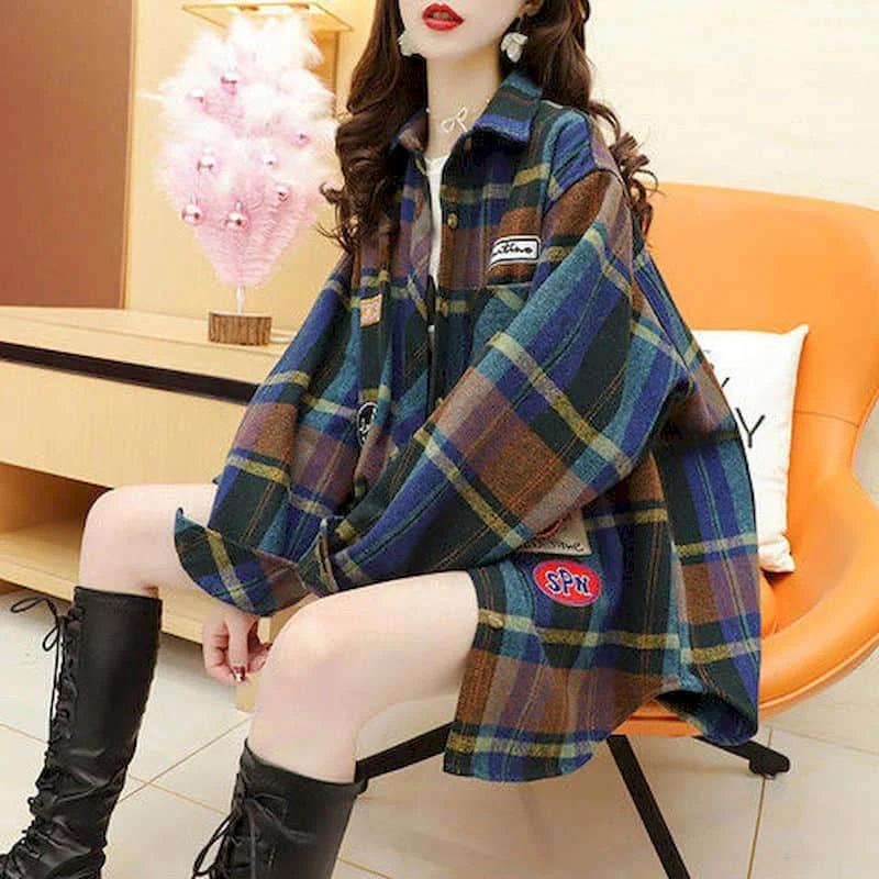 Plaid Shirts for Women Polo-neck Oversized Brushed Thickened Cardigan Long Sleeve Casual Retro Blouse Korean Style Women Tops