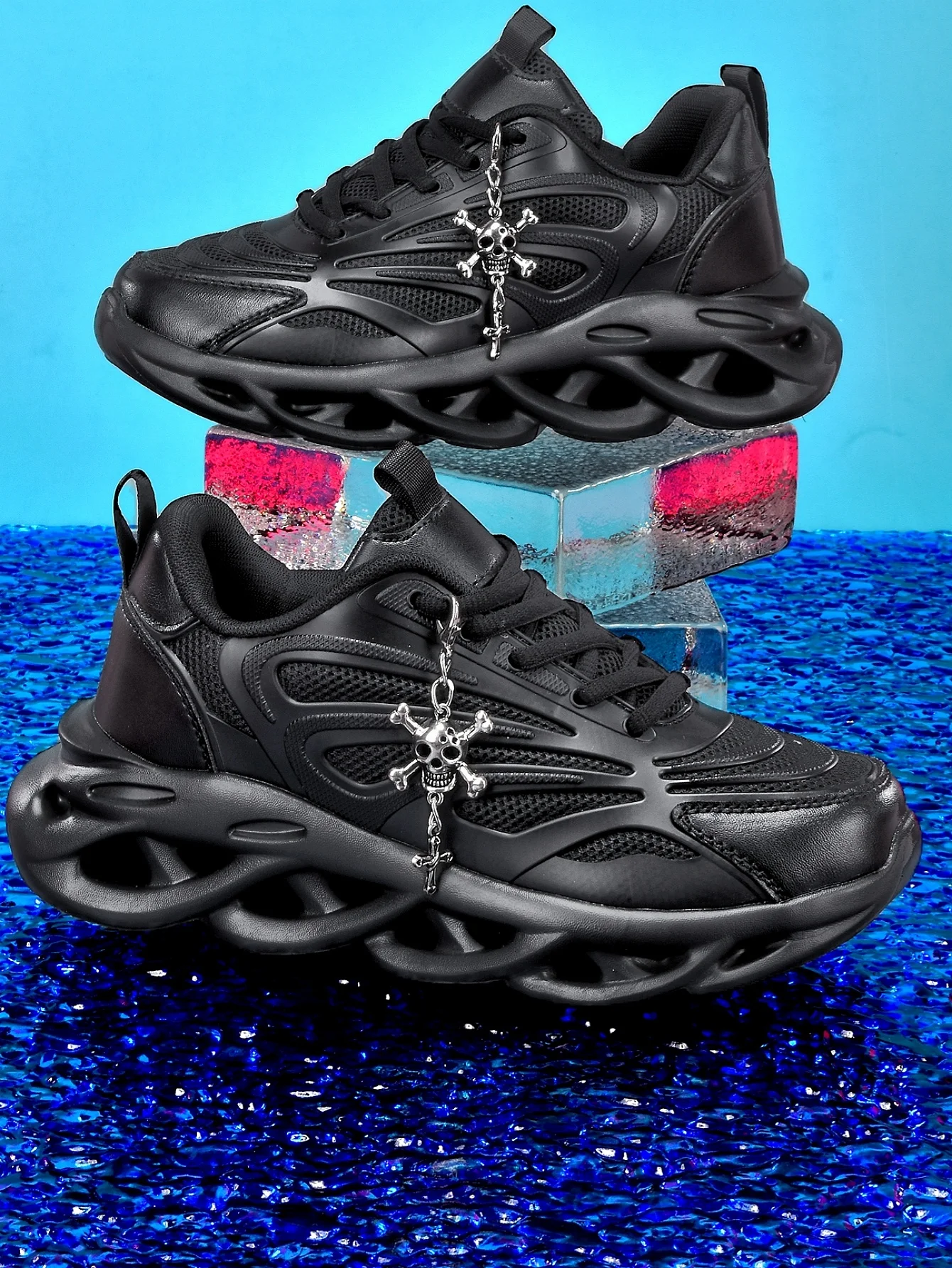 Zapatillas de mujer con plataforma de 5 cm, estilo Y2K, dulce y moderno, con decoración de calavera y cadena metálica, zapatos de moda con malla transpirable, suela gruesa de EVA hueca, cómodas zapatillas negras, estilo estudiantil para el día a día, atuendo moderno, suela suave, antideslizantes, estilo urbano, estilo punk, diseño único, calzado casual para mujer.