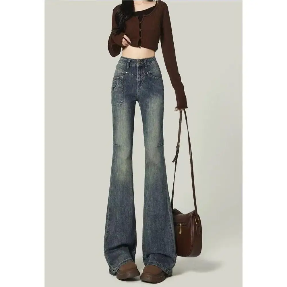 

American Retro High Waist Bell Bot Jeans Women's New 2026 Slim Fit Elastic Floor Length Hoof Pants Casual Cotton Pol...