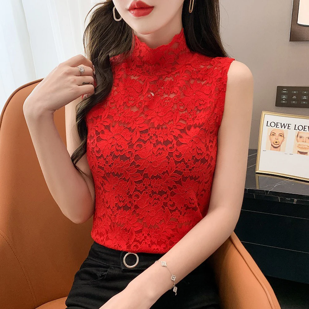 

Red Grass Apricot Color T-Shirt Women S-XL Summer Flowers Lace Tanks Tops Girl Elastic Sleeveless Turtleneck Female Blouses