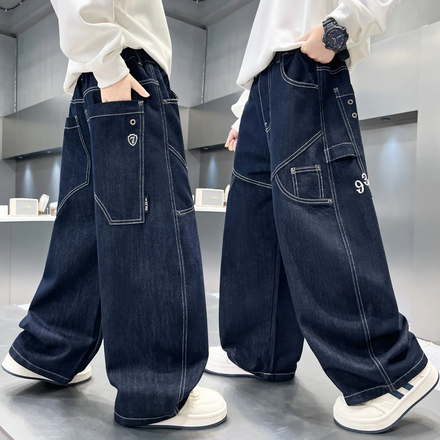 Spring Autumn Boys Jeans Wide Leg Pants Children's Casual Long Trousers Trendy Kids Clothing Middle Big Children Boy Clothes