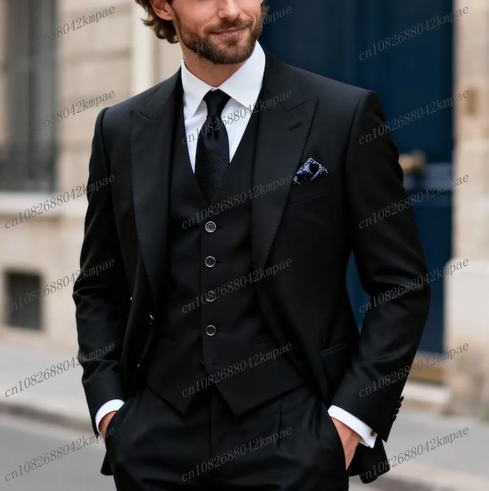 

New Black Men Suits Formal Groom Groomsman Wedding Party Prom Business Male Tuxedos Customize 3 Piece Set Blazer Vest Pants