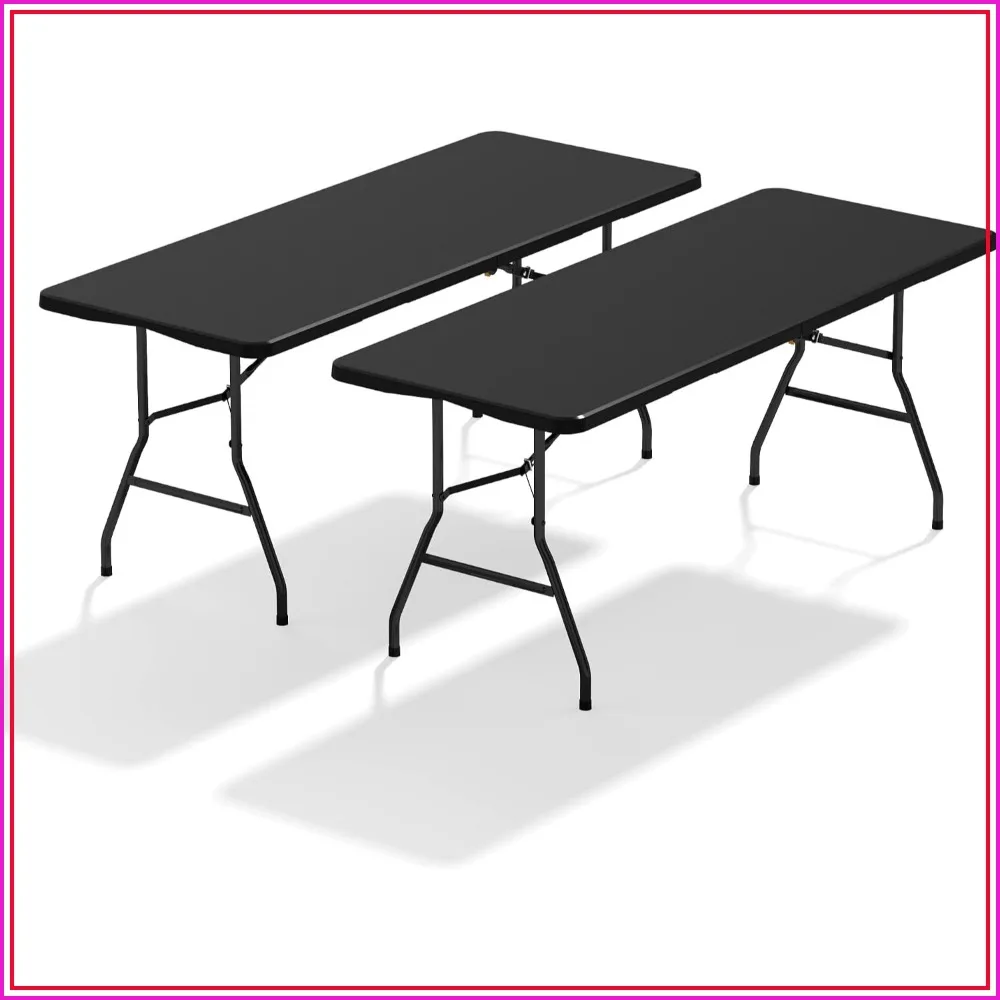 2 Pack 6FT Black Folding Table for Outdoor, Portable Picnic Table with Carrying Handle