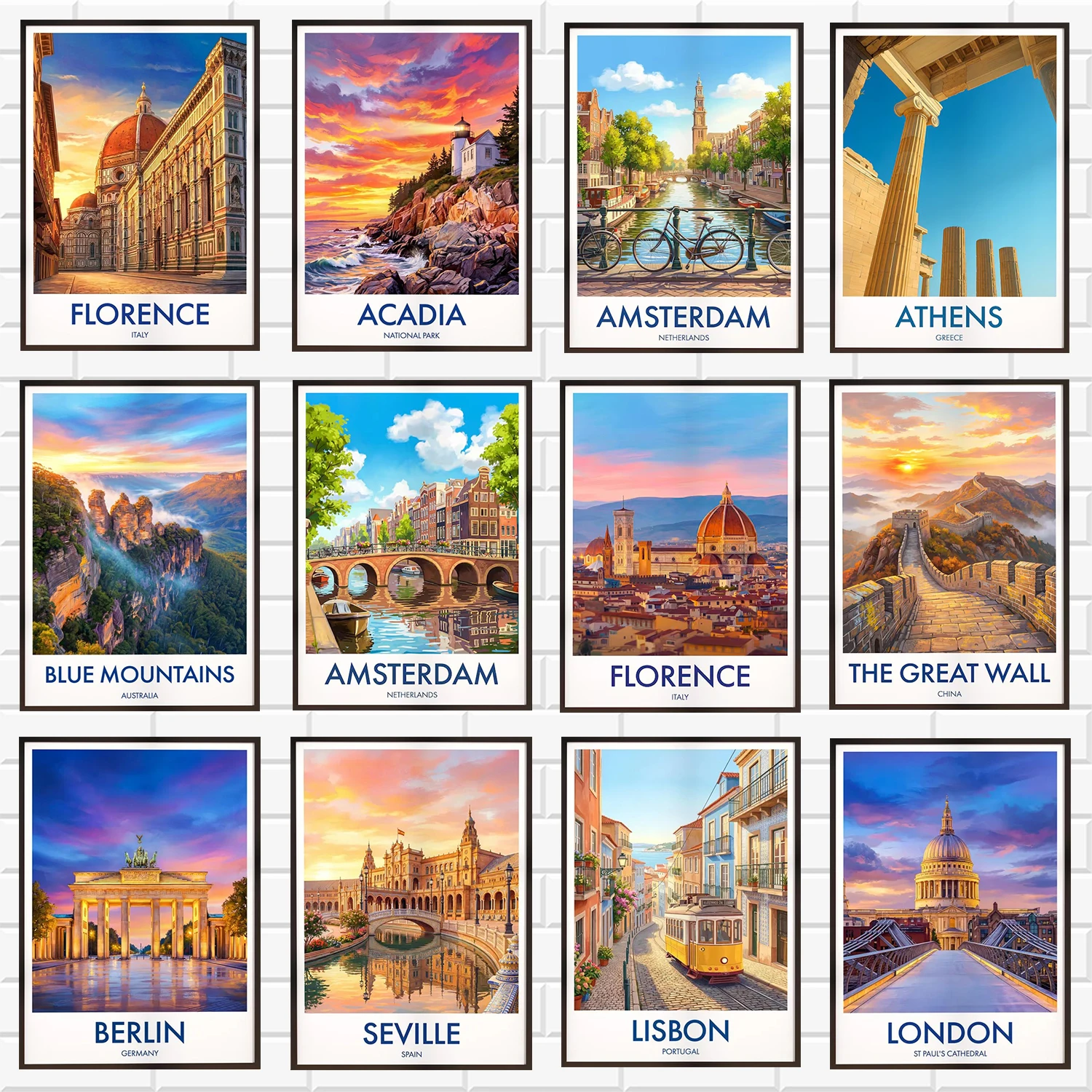 Retro World Travel City Landmark Wall Print Bundle Vibrant Illustrated Europe Global Famous Attractions Canvas Poster Home Decor