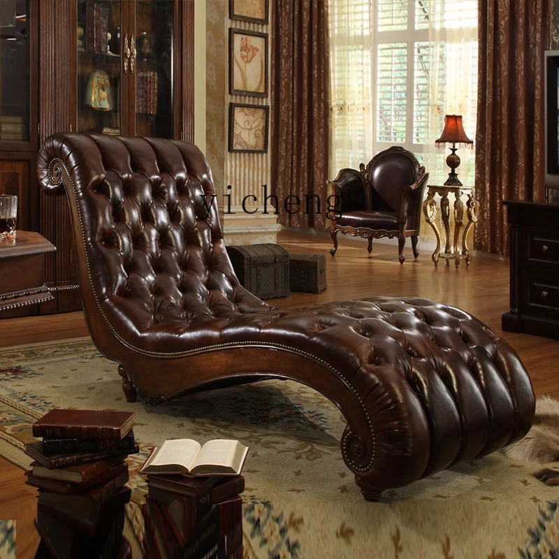 b-2 European Style Genuine Leather Chaise Lounge Chair for Hotel Villa Sales Office Lobby Leisure Recliner American Style