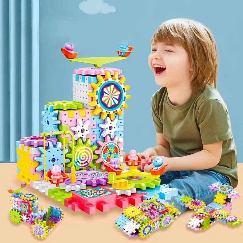 1 Set Montessori Block Bricks Toy For Children Versatile Electric Rotating Gear Building Block Toys Boys Girl Birthday Gifts