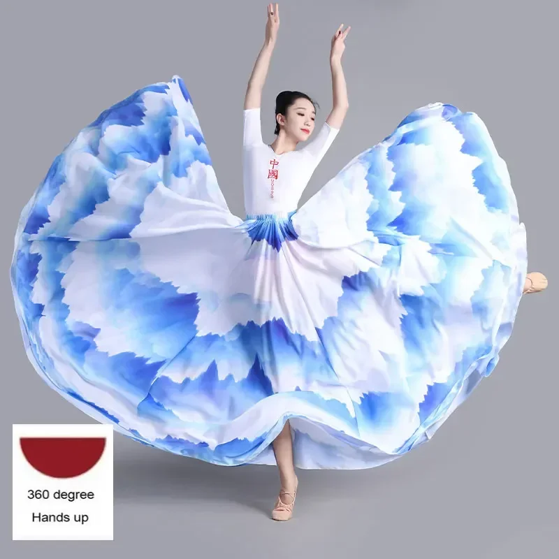 360/720 Degree Chinese Style Ink Painting Skirt Big Swing Chiffon Skirt Lady Classical Dance Skirts Practice Performance Dress