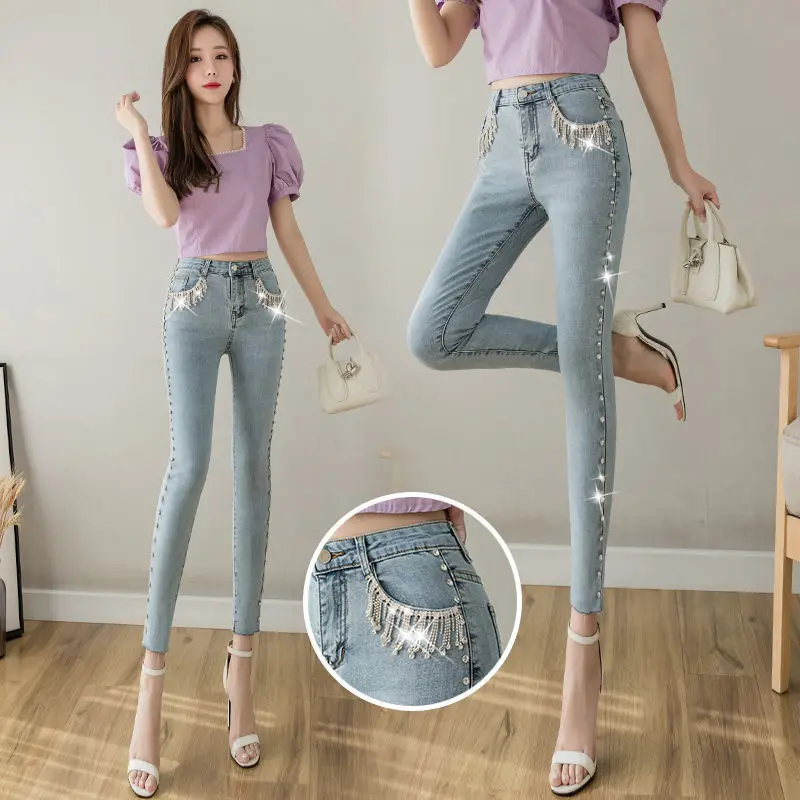 

Denim Trouser Women Streetwear Vintage Blue Slim Pearl Diamonds High Waist Elastic Jeans Ankle-length Denim Pants Trousers S-2XL