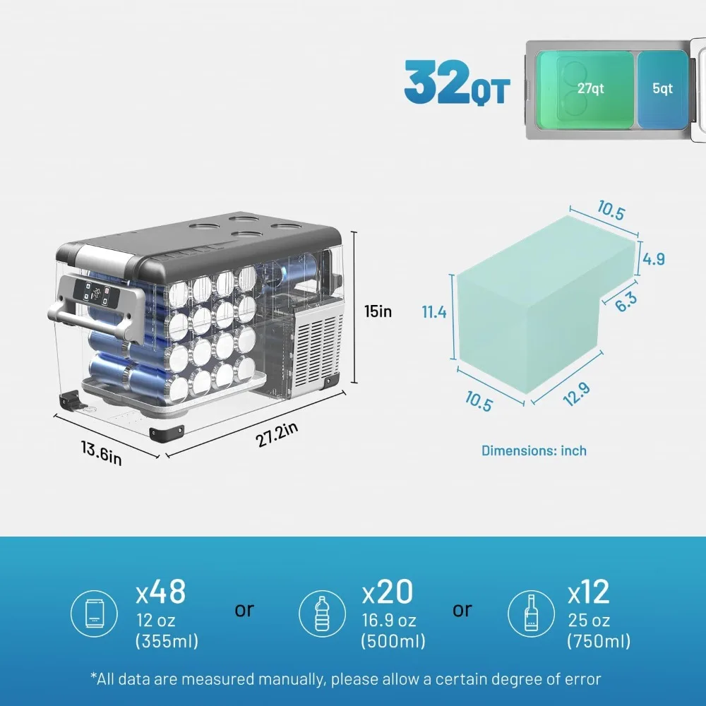 Refrigerador portátil para coche, congelador de 12 voltios, 32 cuartos (30,6 litros), enfriamiento rápido, 12 V, 4 ℉ ~ 68 ℉